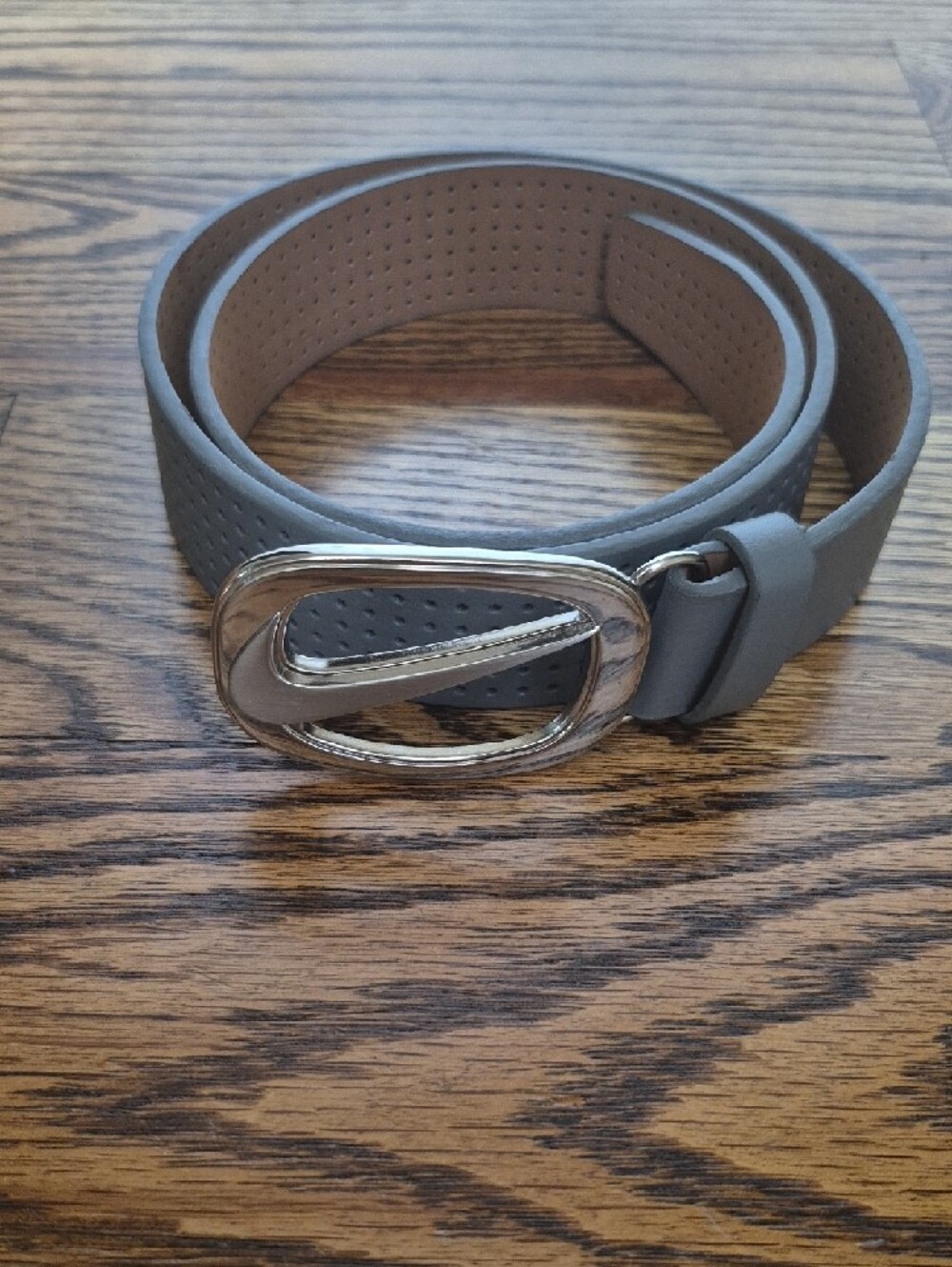Nike Gray Genuine Leather Perforated Belt with Silver Swoosh Buckle